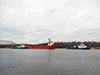 Судно обеспечения нефтяных платформ "ФД Антачебл" с буксирами "МБ-1219" и "Пересвет" у Кузьминского моста через Неву