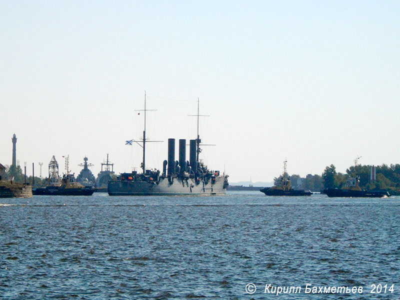 Крейсер "Аврора" с буксирами "Петергоф", "Леонид Бочков", "РБ-20" и "РБ-27"